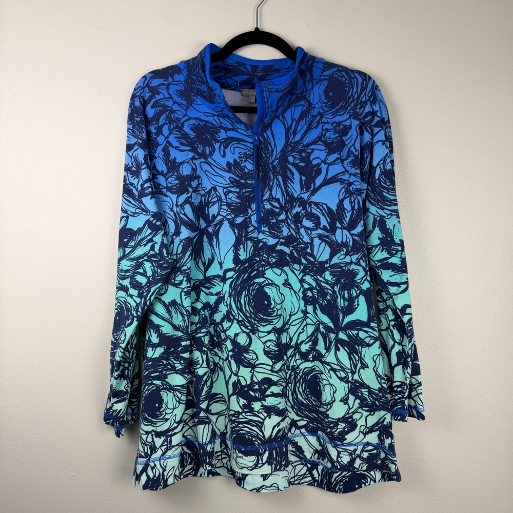 T by Talbots Sweatshirt Women 1X Blue Ombre Floral Print 1/4 Zip Pullover Causal